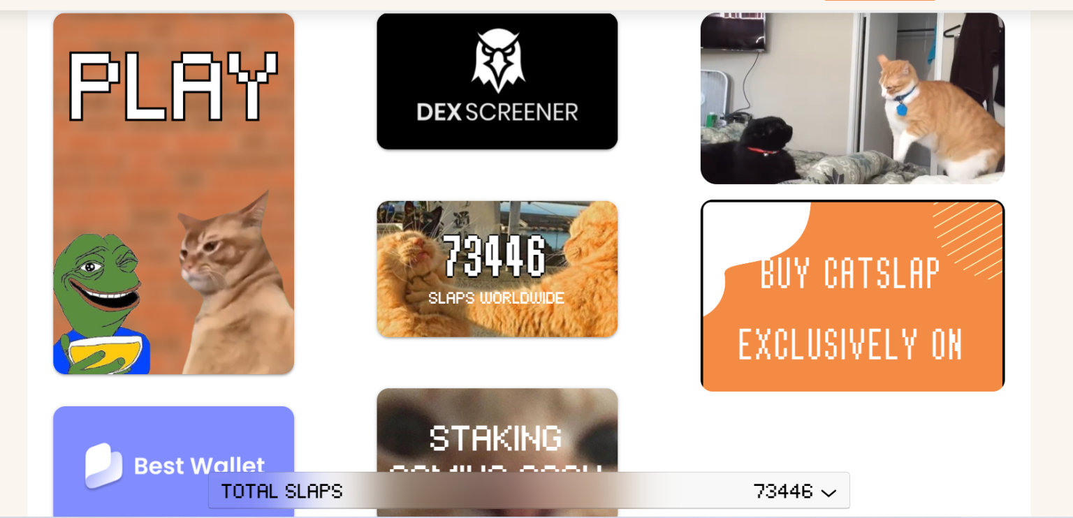 واجهة منصة CatSlap تعرض عدد الضربات عالميًا، زر شراء CatSlap، خيارات الرهان، وشعارات DEX Screener وBest Wallet، بتصميم مستوحى من الميمات