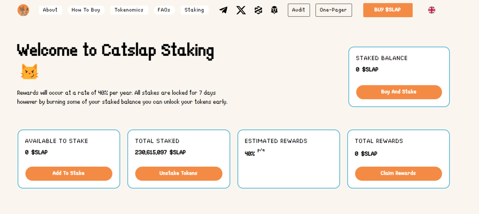 واجهة CatSlap Staking تعرض معدل ربح 40% سنويًا، رصيد $SLAP المرهون، وخيارات الرهان