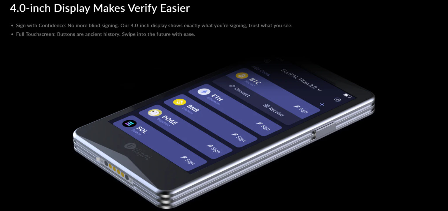 لقطة مقربة لمحفظة Ellipal Titan 2.0، وأعلاها بعض التفاصيل والمزايا