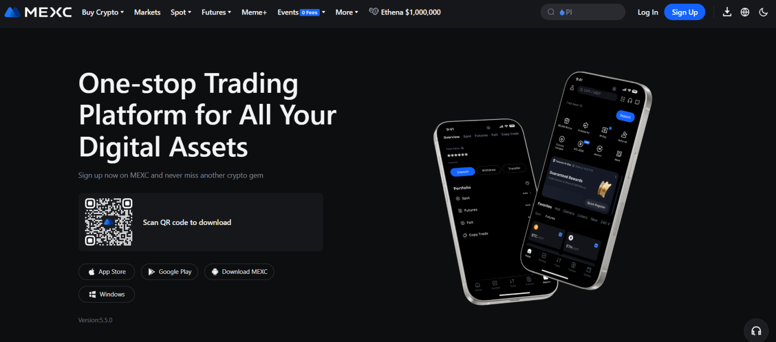 الصفحة الرئيسية في موقع MEXC حيث يمكنك من خلاله شراء العملات الرقمية بالماستركارد أو الفيزا