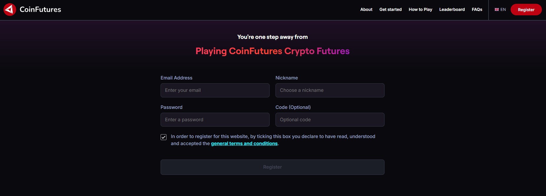 صفحة التسجيل في coinfutures.io