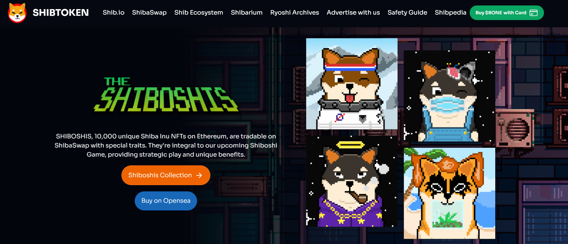 موقع مشروع عملة شيبا إينو (Shiba Inu) يستعرض أفراد عائلة العملة (The Shiboshis)