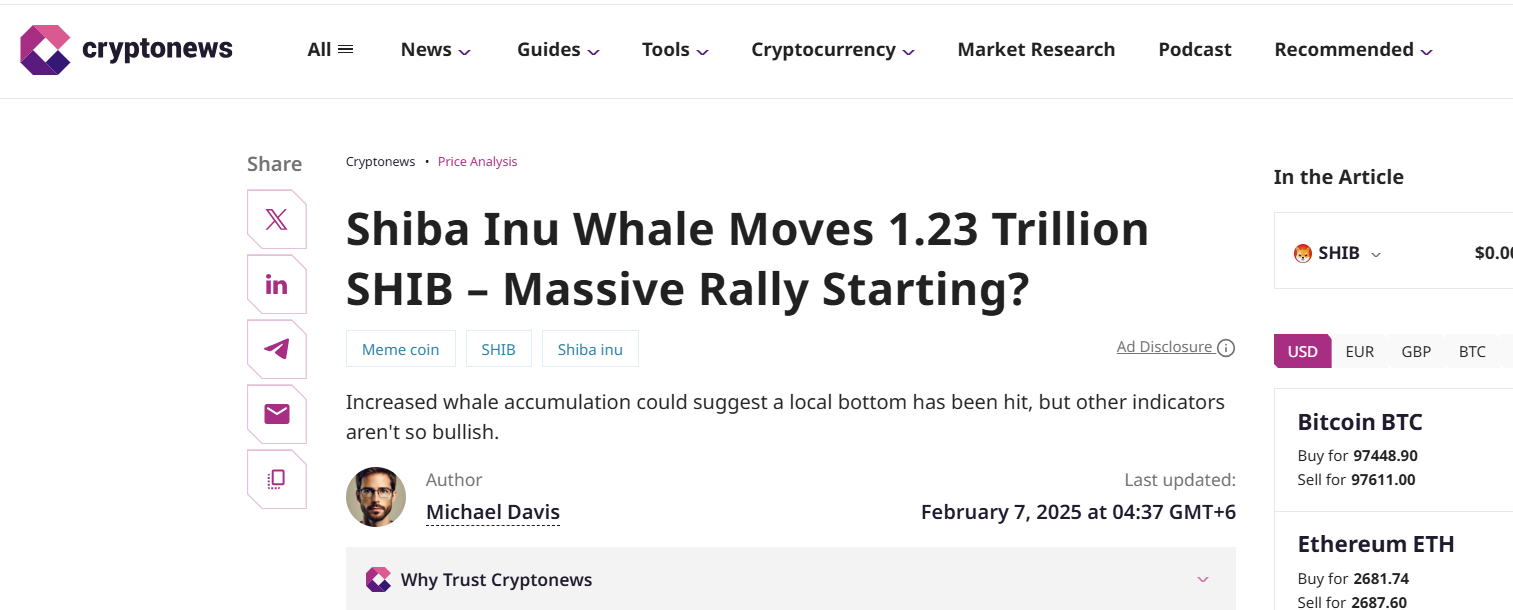 موقع Cryptonews يعرض مقالة مرتبطة بعملة شيبا إينو (Shiba Inu)