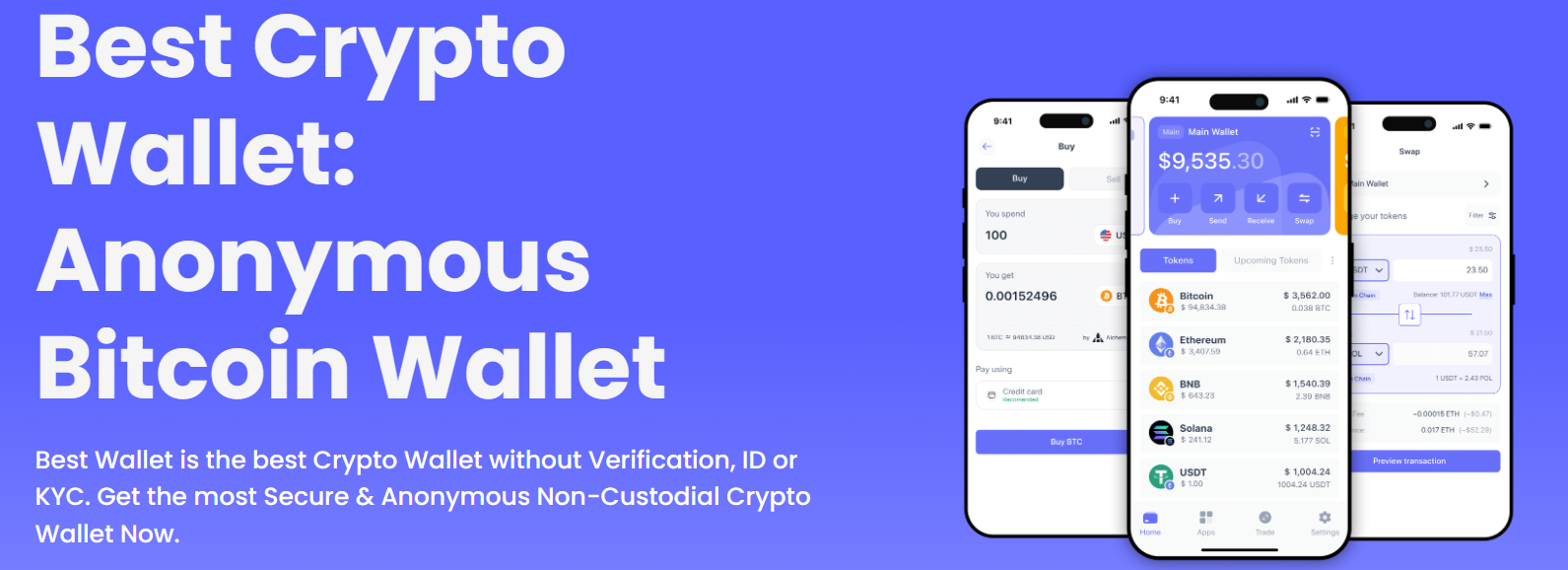 ثلاث شاشات هواتف تستعرض مزايا محفظة بيست واليت (Best Wallet)