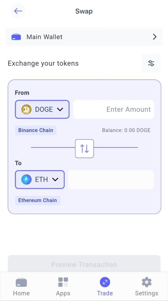 واجهة شراء أو مبادلة عملة دوجكوين (Dogecoin) عبر الهاتف المحمول