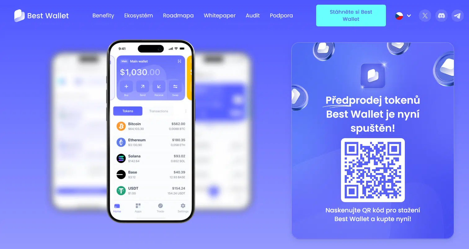 Mobilní aplikace Best Wallet a QR kód pro rychlé stažení