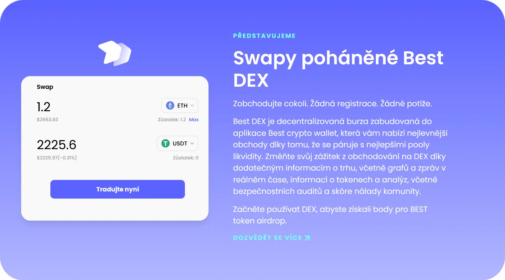 Rozhraní decentralizované burzy Best Wallet DEX pro směnu kryptoměn