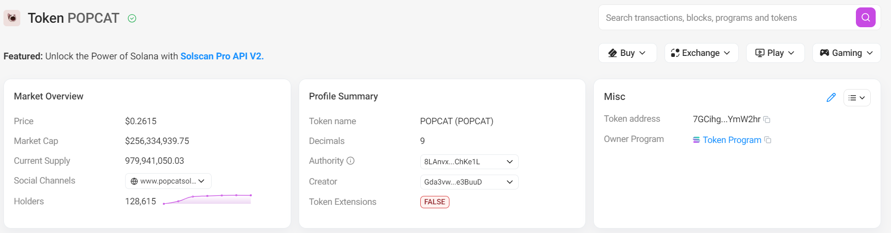 Token Popcat na Solscanu