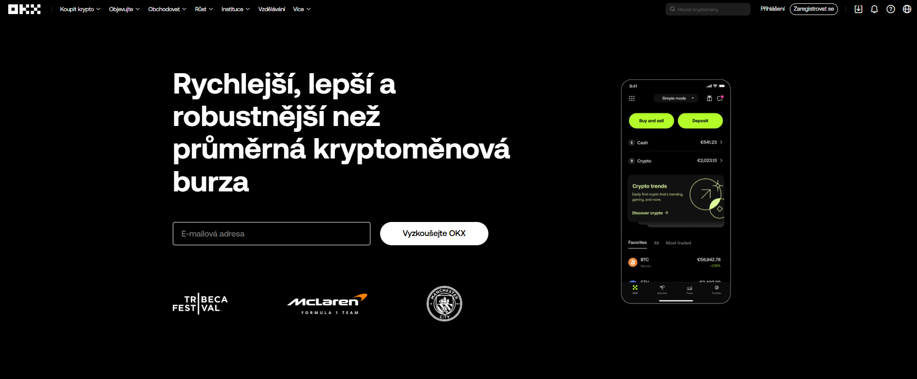 Úvodní stránka webového rozhraní burzy OKX.