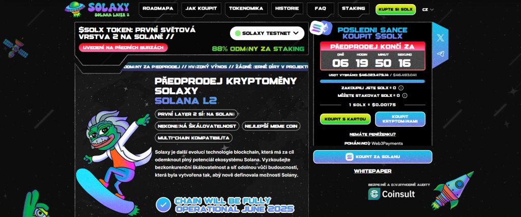 Oficiální stránky projektu Solaxy - druhá vrstva blockchainu Solana