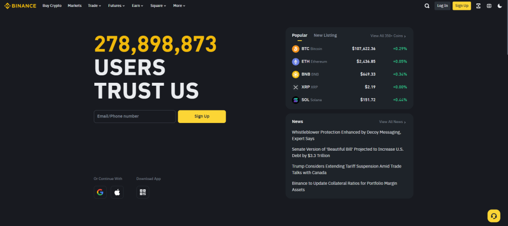 Oficiální stránky burzy Binance
