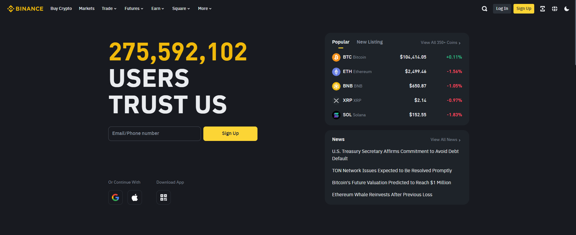Úvodní stránka burzy Binance.