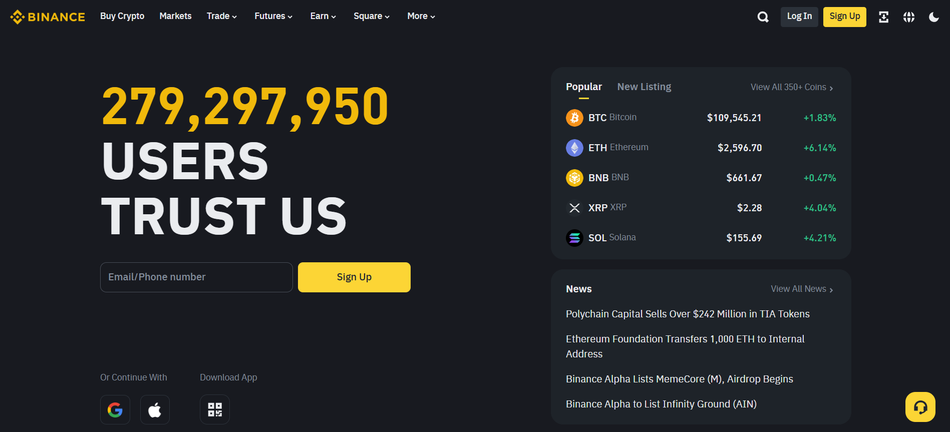 Hlavní stránka webu burzy Binance