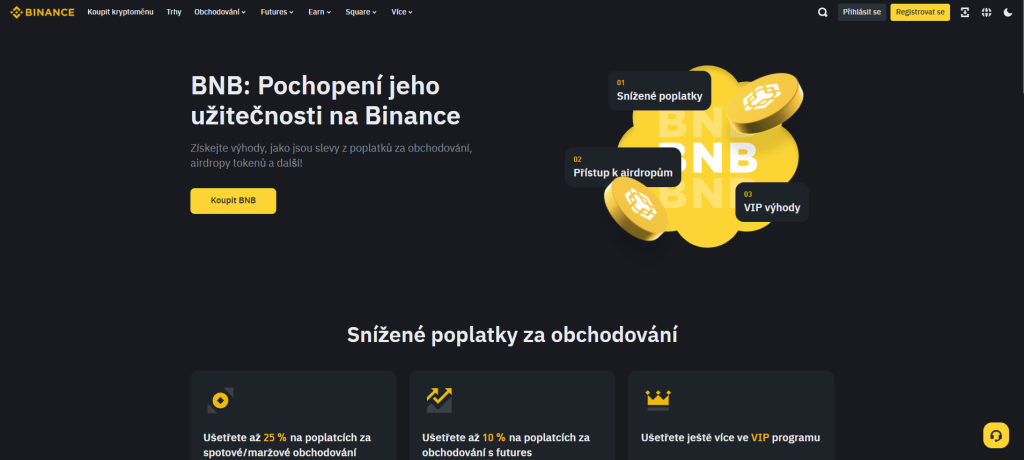 Webové stránky burzy Binance a kryptoměny BNB
