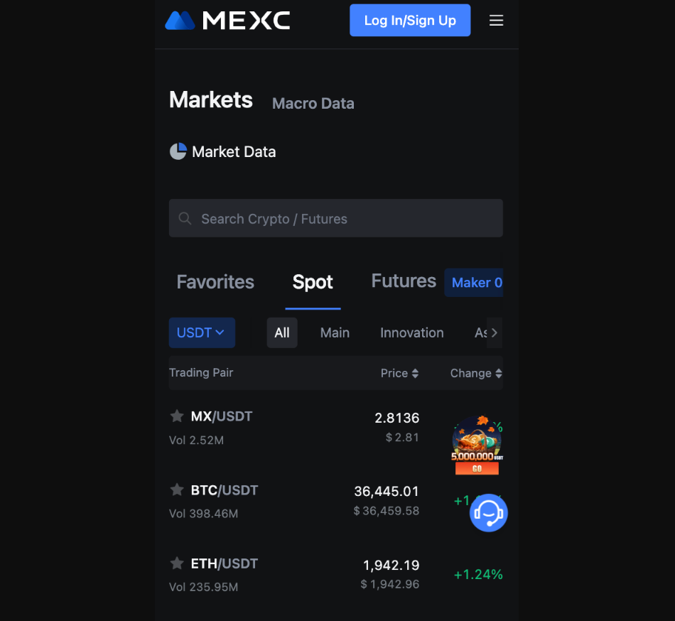 MEXC spot trhy - jak koupit dogecoin