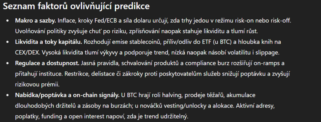 Faktory ovlivňující predikce kryptoměn