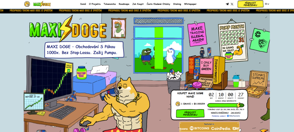 Oficiální web Maxi Doge - časový test kryptoměny