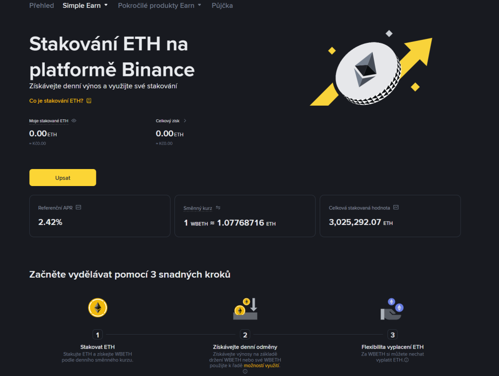 Možnost stakingu kryptoměny ETH na platformě Binance Simple Earn