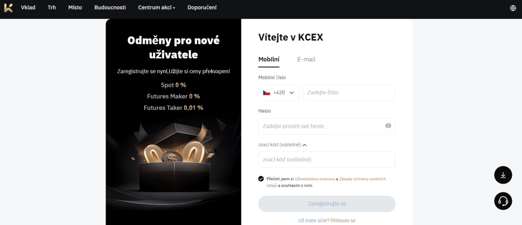 Krypto burza KCEX - registrace
