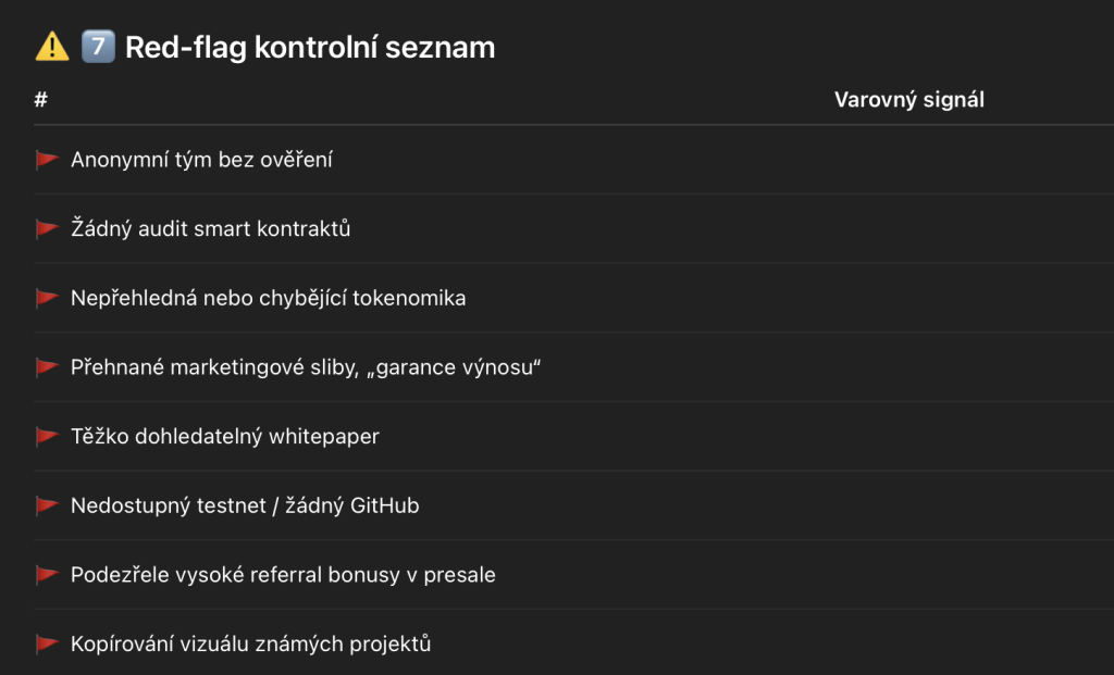 Kontrolní seznam varovných signálů.