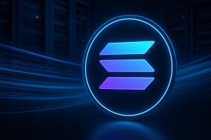 Fotorealistisches Solana-Logo mit Datenströmen und Servern im Hintergrund, in Blau, Schwarz, Silber und Violett.