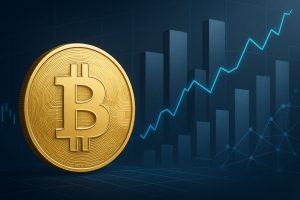 Fotorealistische Bitcoin-Münze vor technischen Finanzgrafiken in Blau-Gold-Optik, die den Wandel zu produktiven Ertragsmodellen zeigt.