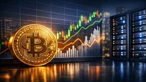 Bitcoin, Börsencharts und Server symbolisieren die Entwicklung von Krypto-Aktien im Jahr 2025