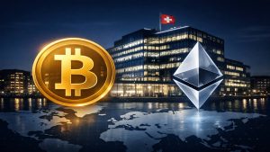 Moderne Schweizer Bank mit Bitcoin- und Ethereum-Symbolen als Zeichen für den Einstieg der UBS in den Krypto-Handel für vermögende Kunden.