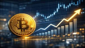 Bitcoin-Symbol vor moderner Börsenkulisse mit steigender Kurslinie in gold-blauen Farbtönen.