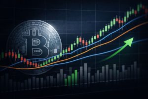Bitcoin-Chart mit gleitenden Durchschnitten als Symbol für Markt-Konsolidierung und langfristige Analyse.