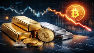 Gold- und Silberbarren neben fallendem Bitcoin-Chart als Symbol für Anlegerumschichtung.