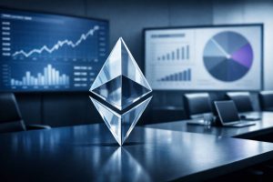 Fotorealistisches Bild eines modernen Finanzraums mit Ethereum-Symbol und dezenten Diagrammen zur digitalen Vermögensstrategie.