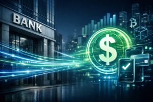 Sachliche Darstellung eines digitalen Dollars zwischen Bankgebäude und moderner Zahlungswelt in reduzierter Farbpalette.