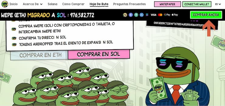 Imagen de la web oficial de Wall Street Pepe, con abundante información sobre su tokenómica