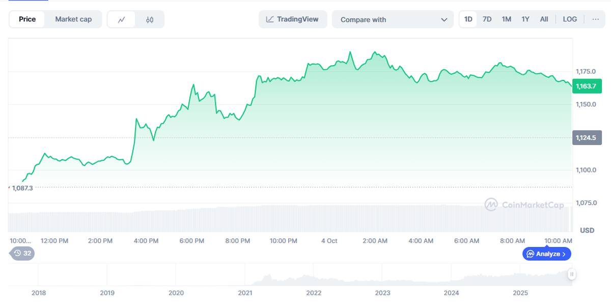 ASTER: Variación del precio de BNB en las últimas 24 horas. *Fuente: CoinMarketCap.