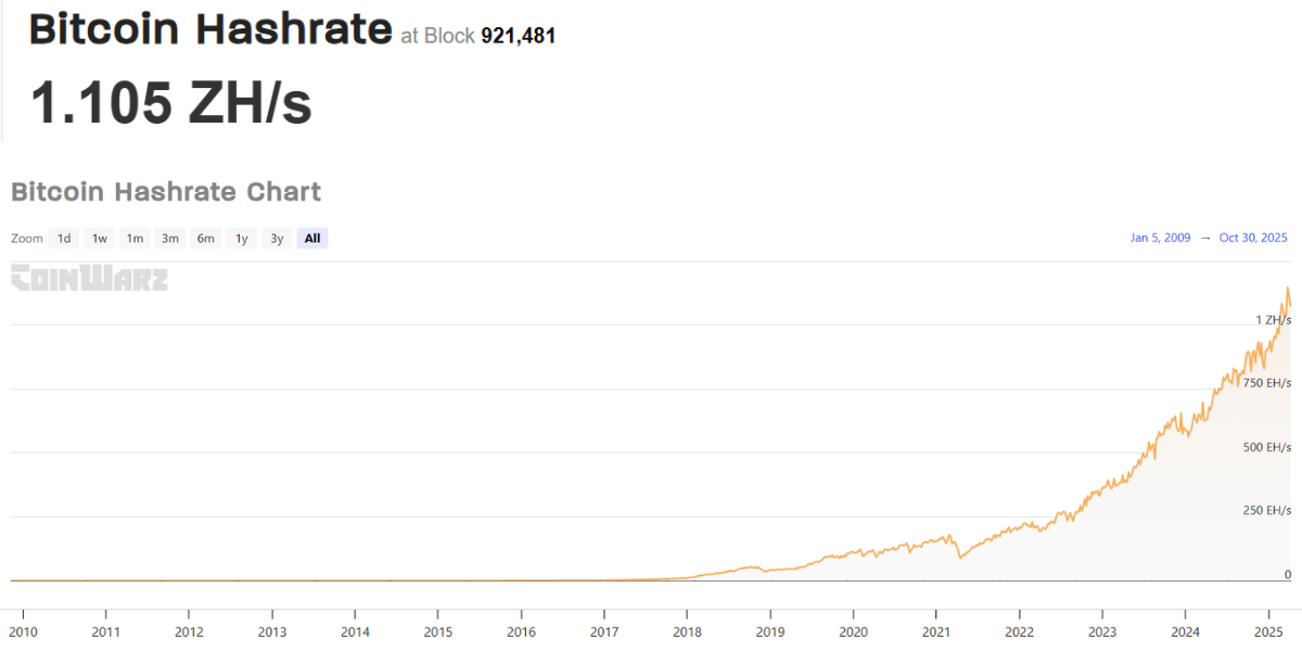 Captura de Coinwarz con el hashrate histórico de Bitcoin