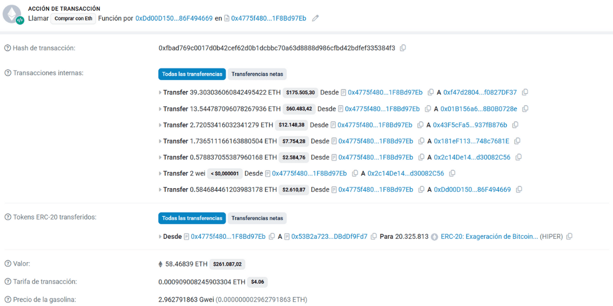 Captura de Etherscan de las compras de ballenas de Bitcoin Hyper
