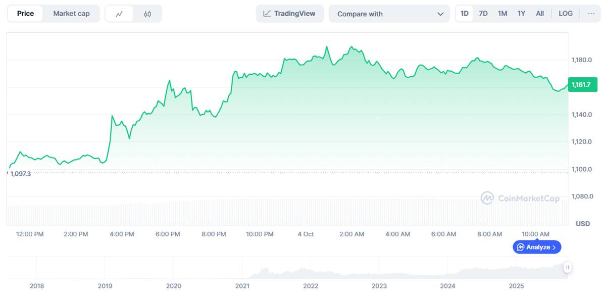 precio de BNB: Variación del precio de BNB en las últimas 24 horas. Fuente: CoinMarketCap.