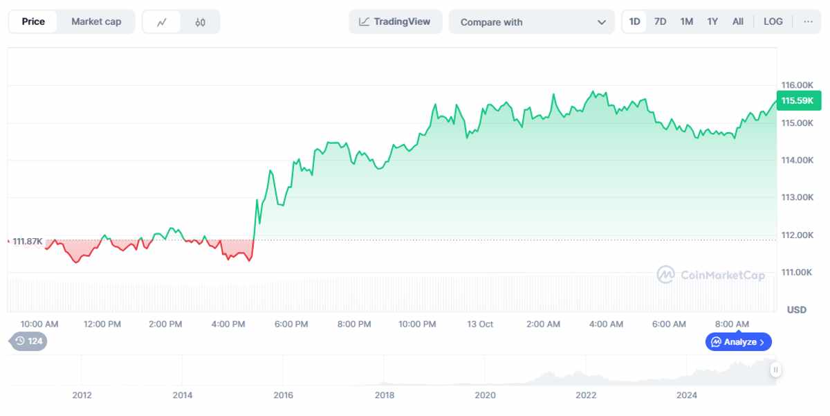 BTC: Variación del precio de Bitcoin en las últimas 24 horas. Fuente: CoinMarketCap.