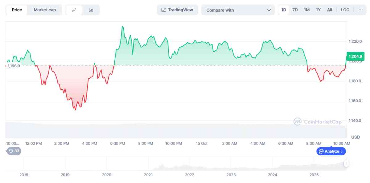 mejores altcoins: Variación del precio de BNB en las últimas 24 horas. Fuente: CoinMarketCap.