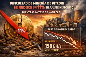 Dificultad de minería de Bitcoin se reduce un 11% en ajuste histórico mientras la tasa de hash cae.