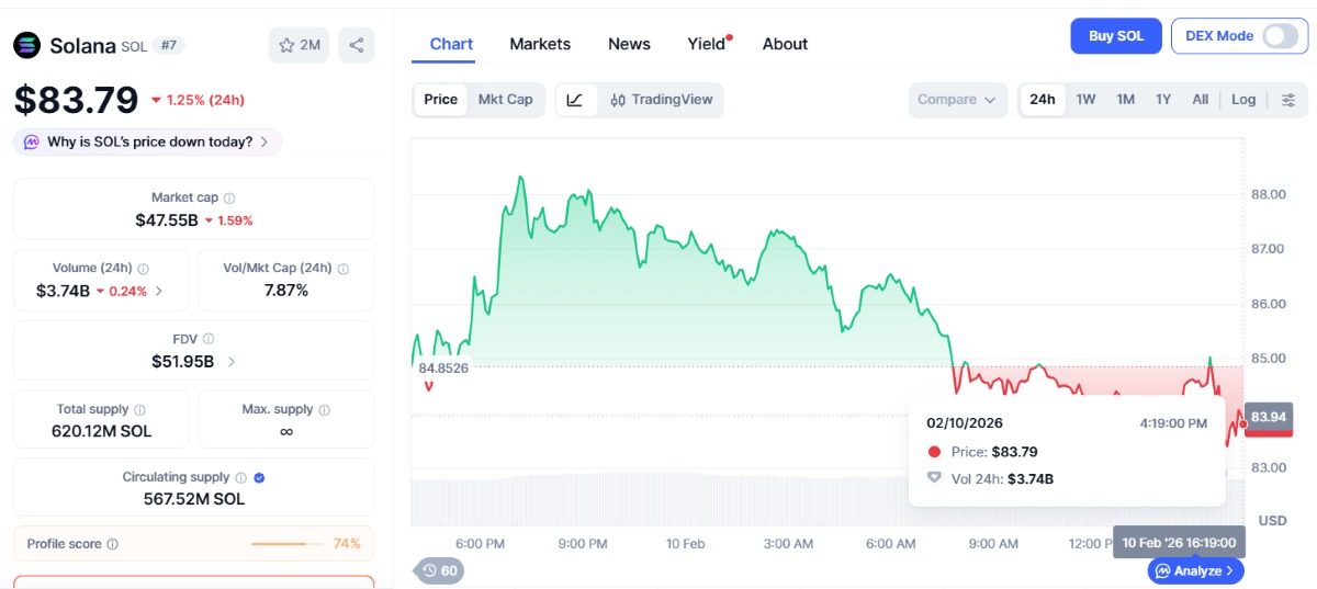 solana, una de las mejores altcoins, ha bajado un 1,25% hoy. gráfico de coinmarketcap