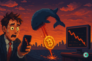 Un trader paniqué regarde la chute du Bitcoin, tandis qu’une baleine géante plonge