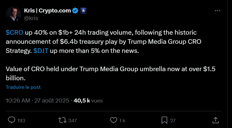 Trump Media et Crypto.com : Trésorerie à 6,42 milliards $ de CRO