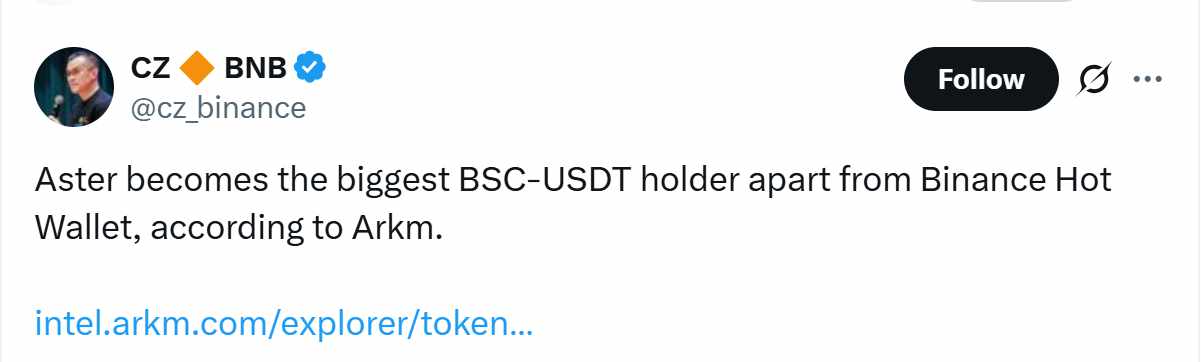 @cz_binance - BSC-USDT Aster tweet