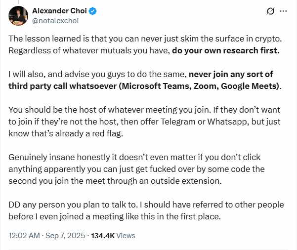 Alexander Choi - Appel vidéo arnaque Tweet