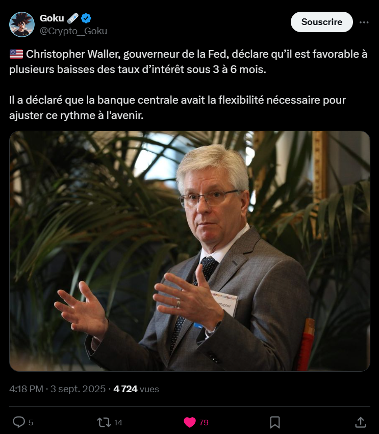 Waller, gouverneur de la FED, est favorable à plusieurs baisses des taux d'intérêt