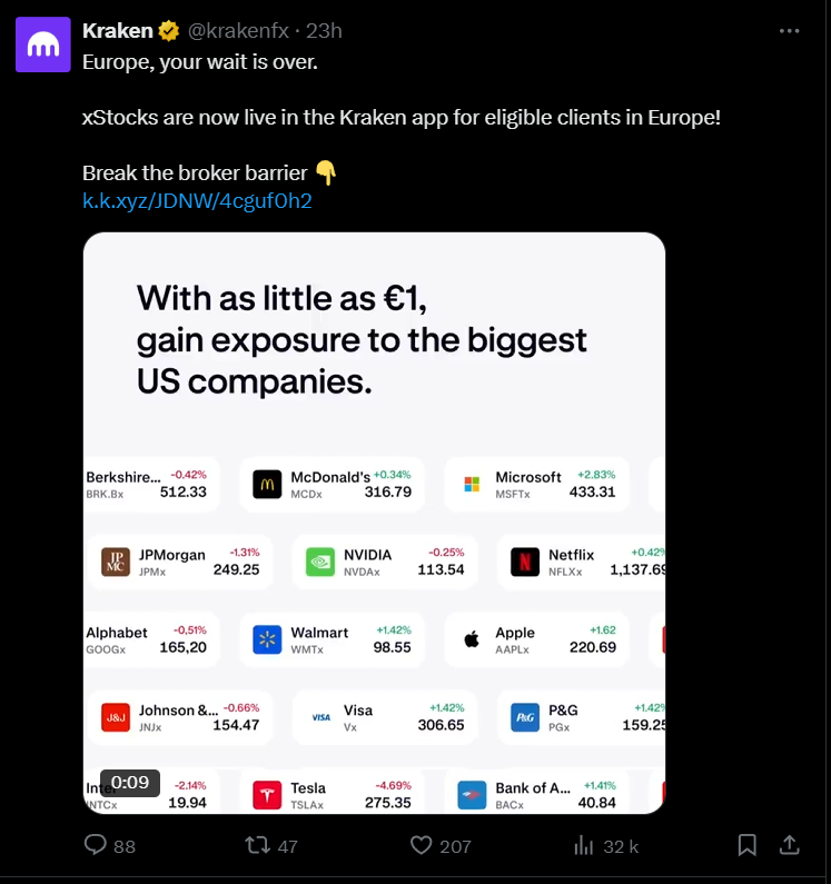 Kraken : Les actions tokénisées xStocks débarquent en Europe