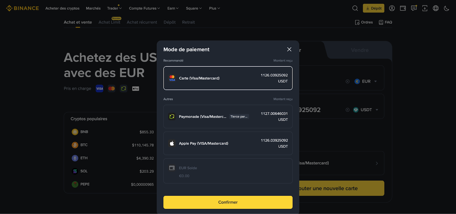 Déposez des fonds sur votre compte Binance