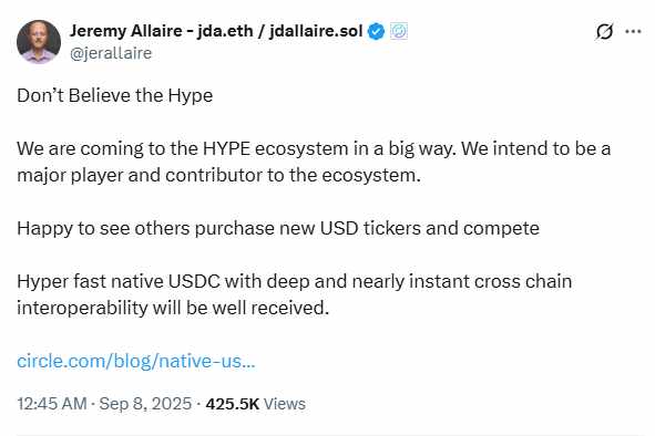 Jeremy Allaire - USDC Hyperliquid tweet